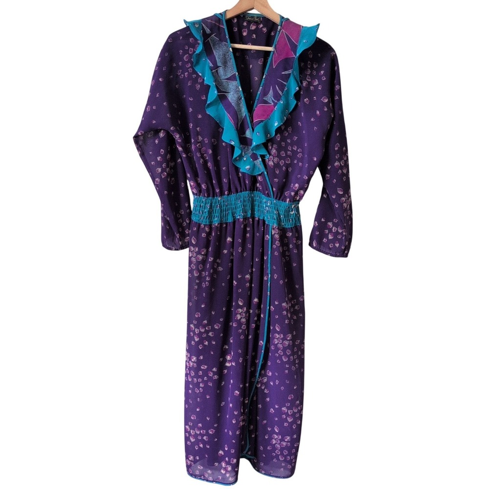 Vintage Diane Freis Purple Teal Georgette Ruffle Wrap Midi Dress 80s Housewife